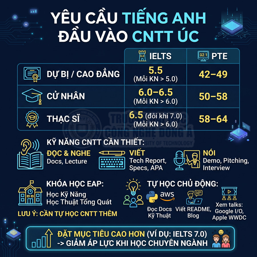 Infographic yêu cầu tiếng Anh đầu vào ngành CNTT Úc với mức điểm IELTS PTE cho dự bị cử nhân thạc sĩ