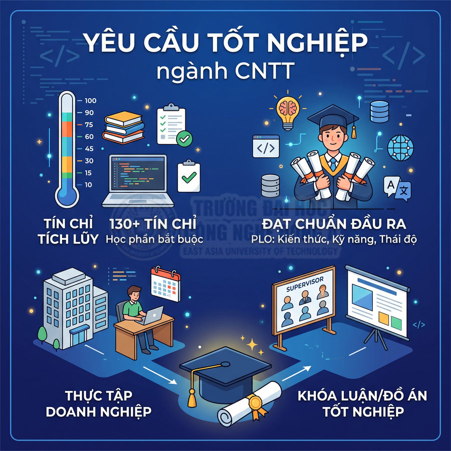 Infographic yêu cầu tốt nghiệp ngành công nghệ thông tin gồm tín chỉ tích lũy, thực tập doanh nghiệp và khóa luận
