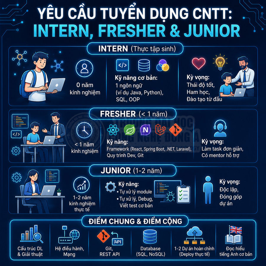 Infographic yêu cầu tuyển dụng ngành CNTT cho vị trí intern, fresher và junior cùng kỹ năng, kinh nghiệm cần có
