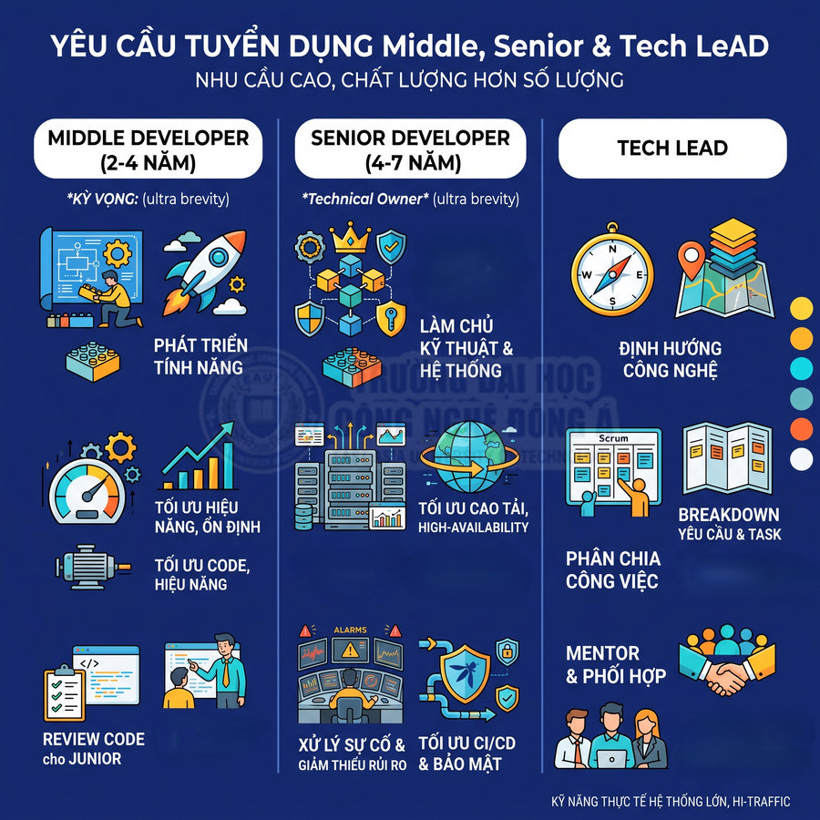 Yêu cầu tuyển dụng Middle Developer Senior Developer Tech Lead với kỹ năng tối ưu hiệu năng bảo mật và định hướng công nghệ