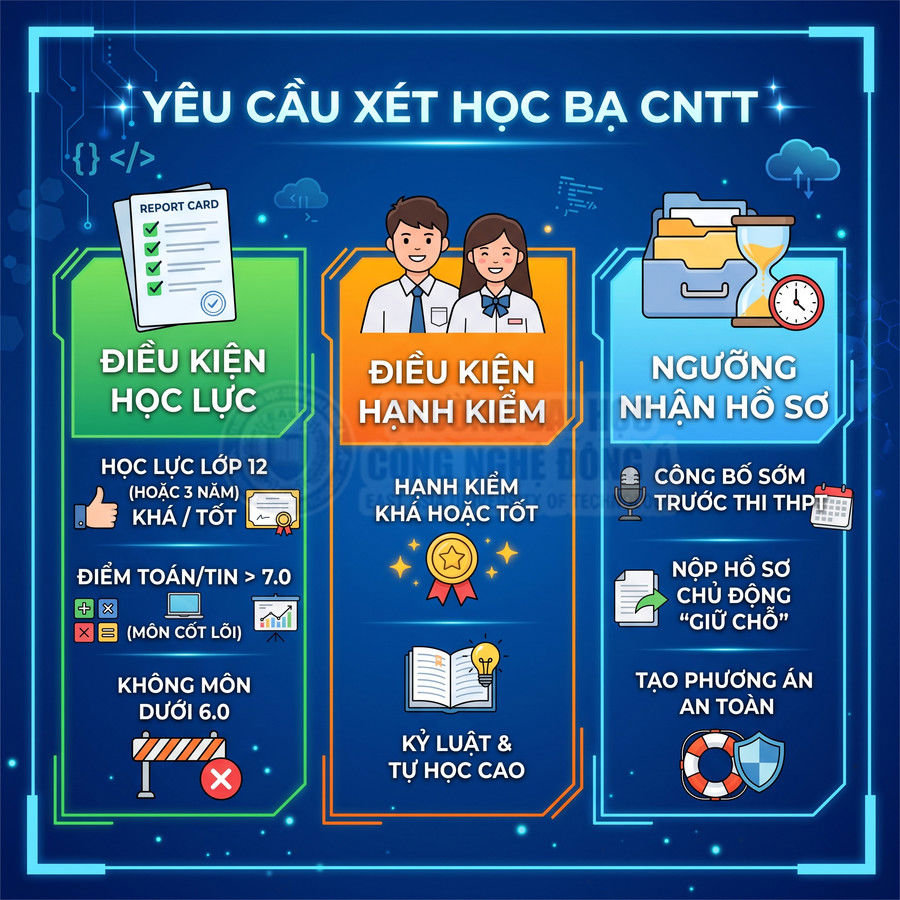 Infographic yêu cầu xét học bạ ngành CNTT với điều kiện học lực, hạnh kiểm và ngưỡng nhận hồ sơ