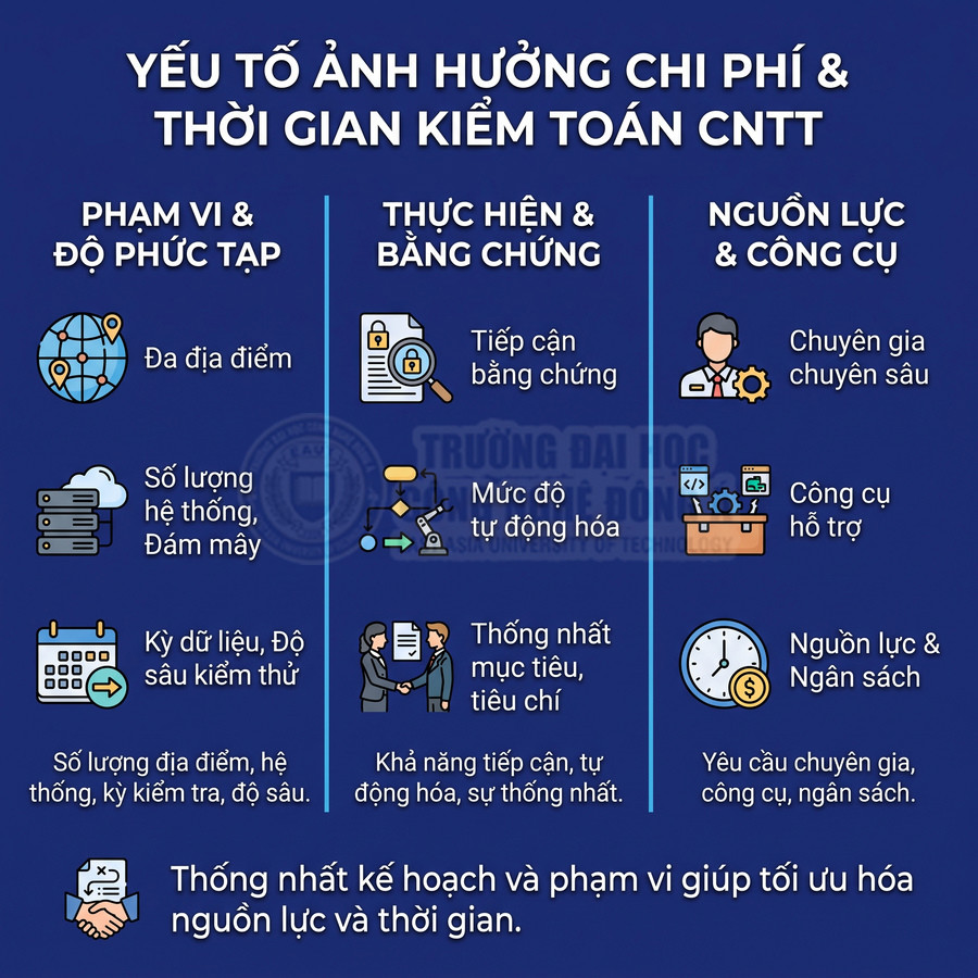 Các yếu tố ảnh hưởng đến chi phí và thời gian kiểm toán CNTT: phạm vi, bằng chứng, nguồn lực và công cụ