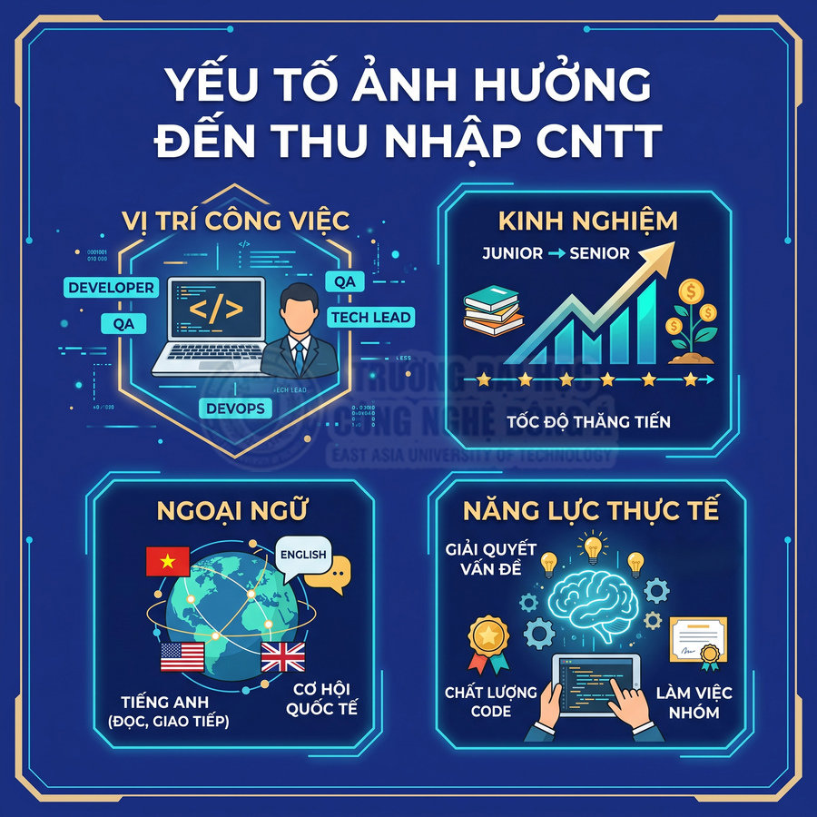 Infographic các yếu tố ảnh hưởng đến thu nhập ngành CNTT như vị trí, kinh nghiệm, ngoại ngữ và năng lực thực tế