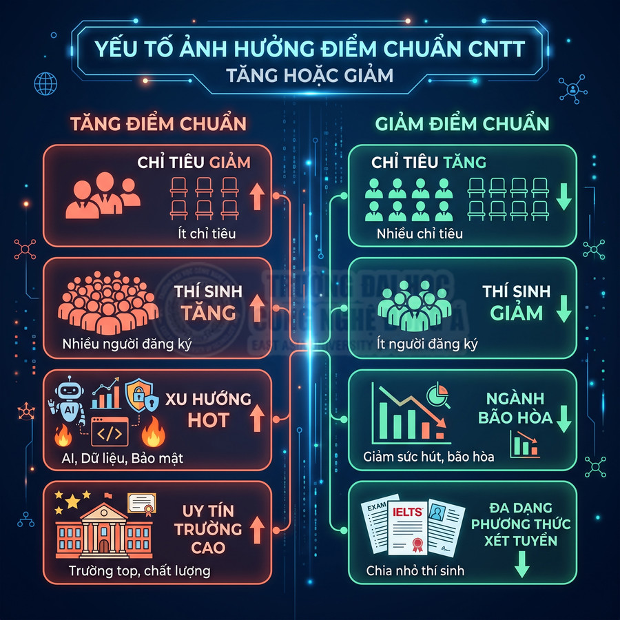 Các yếu tố làm tăng hoặc giảm điểm chuẩn ngành CNTT như chỉ tiêu, số thí sinh, xu hướng và uy tín trường