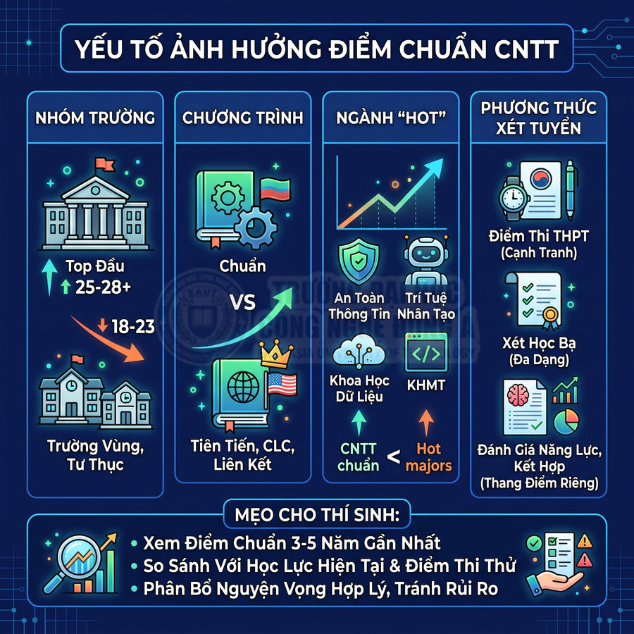 Infographic các yếu tố ảnh hưởng điểm chuẩn ngành công nghệ thông tin và mẹo chọn trường cho thí sinh