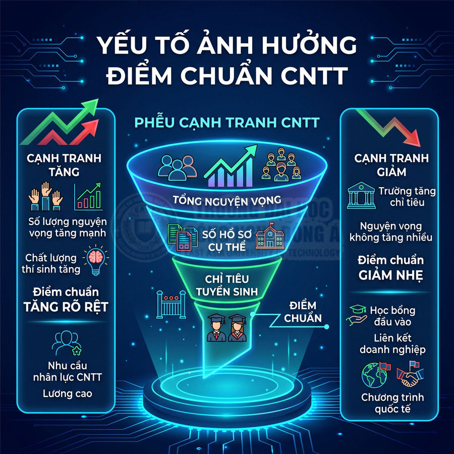 Infographic các yếu tố ảnh hưởng điểm chuẩn ngành CNTT với phễu cạnh tranh, tổng nguyện vọng và chỉ tiêu tuyển sinh