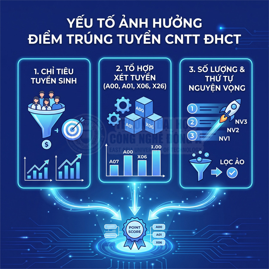 Yếu tố ảnh hưởng điểm trúng tuyển ngành CNTT ĐH Công nghệ Đông Á với chỉ tiêu, tổ hợp xét tuyển và nguyện vọng