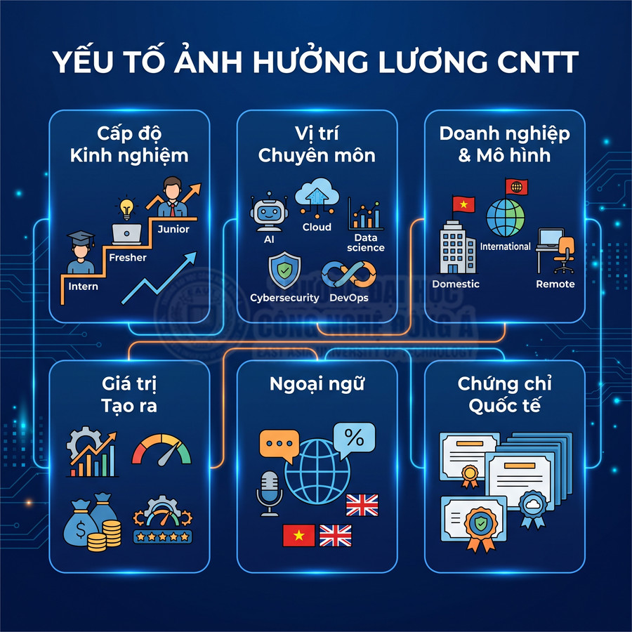 Các yếu tố ảnh hưởng lương ngành CNTT như kinh nghiệm, vị trí chuyên môn, doanh nghiệp, giá trị tạo ra, ngoại ngữ, chứng chỉ