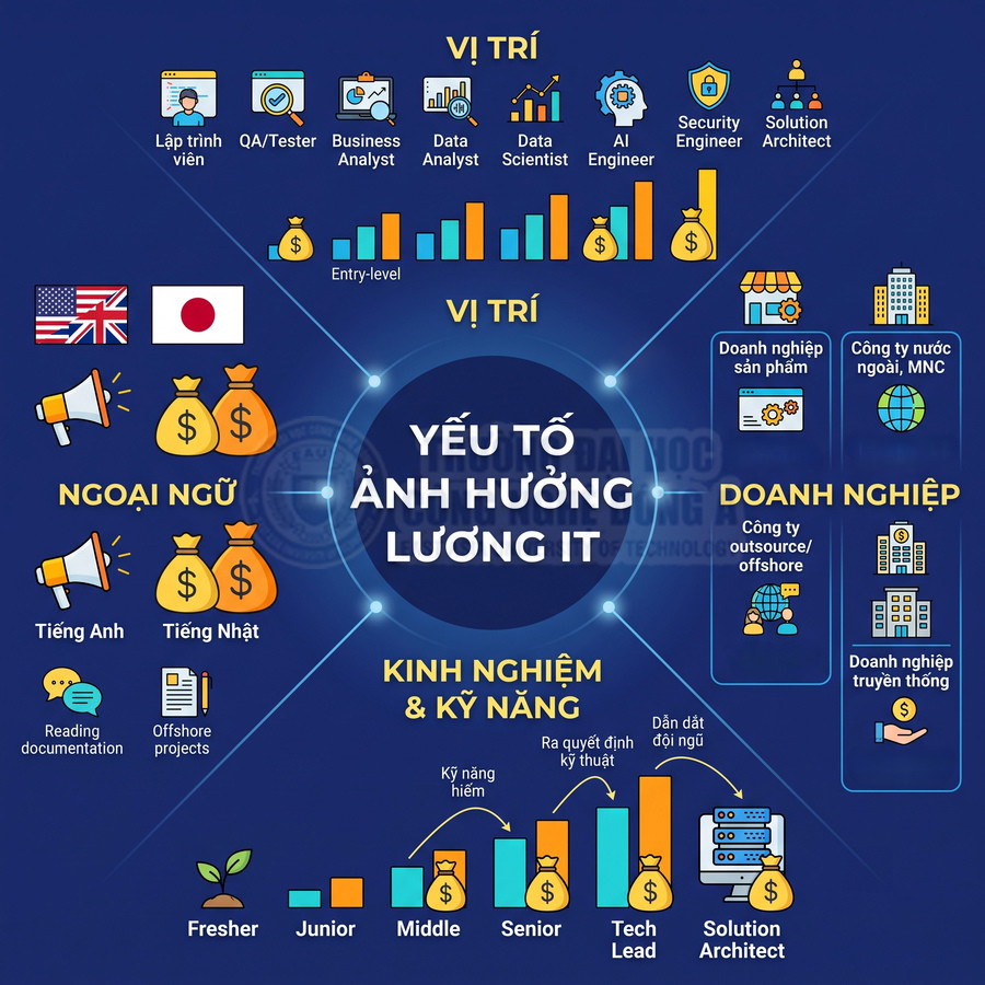 Infographic các yếu tố ảnh hưởng lương IT theo vị trí, ngoại ngữ, kinh nghiệm, kỹ năng và loại hình doanh nghiệp