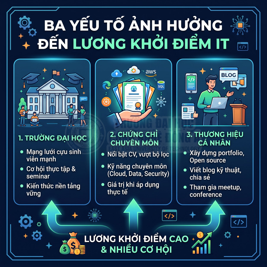 Ba yếu tố ảnh hưởng đến lương khởi điểm IT gồm trường đại học, chứng chỉ chuyên môn và thương hiệu cá nhân