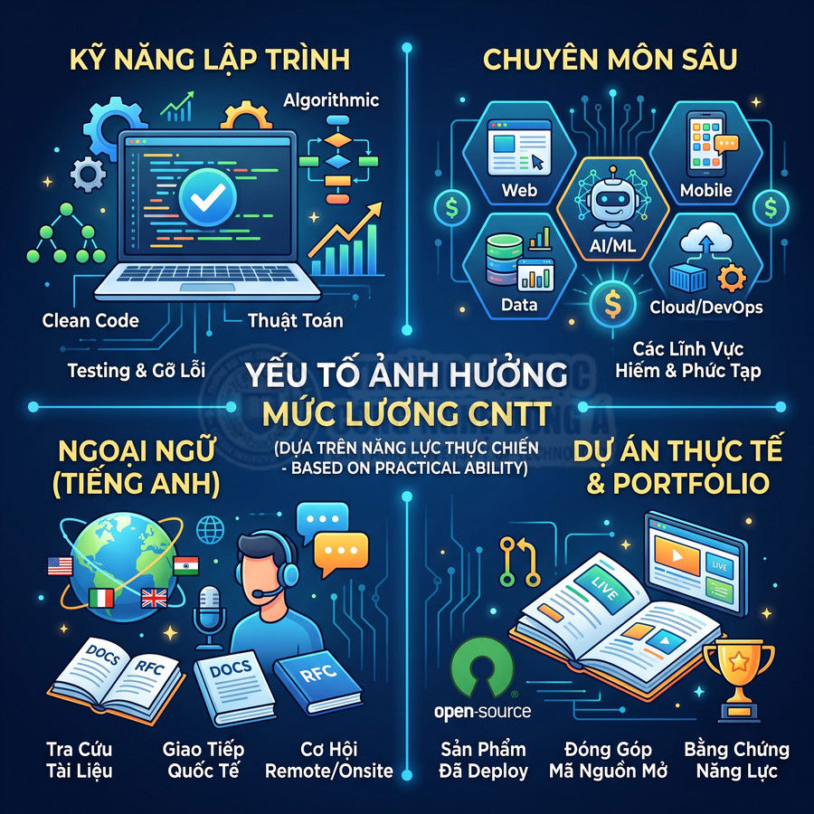 Infographic các yếu tố ảnh hưởng mức lương ngành CNTT như kỹ năng lập trình, chuyên môn sâu, tiếng Anh và dự án thực tế