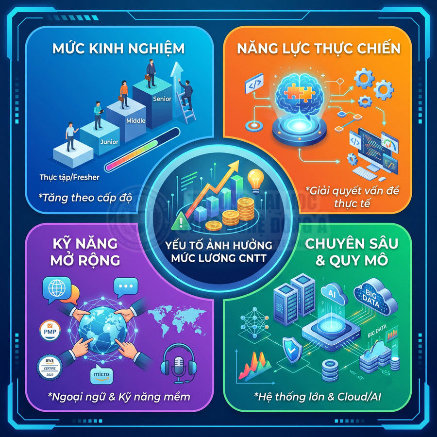 Infographic các yếu tố ảnh hưởng mức lương ngành CNTT gồm kinh nghiệm, kỹ năng, năng lực thực chiến, chuyên sâu và quy mô hệ thống