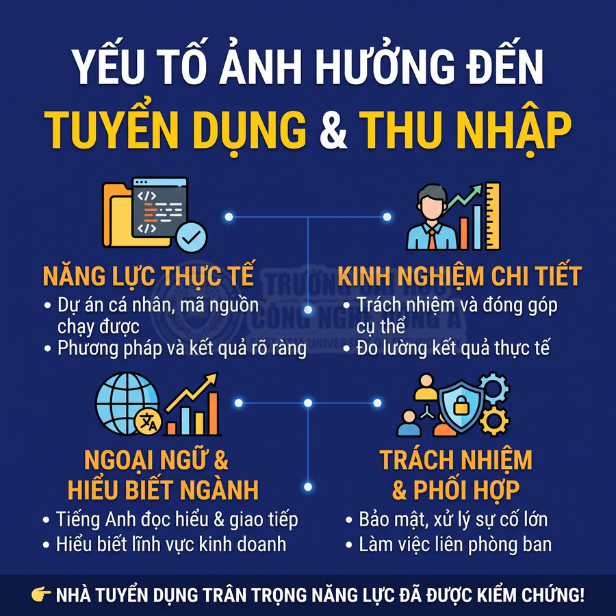 Các yếu tố ảnh hưởng đến tuyển dụng và thu nhập gồm năng lực thực tế, kinh nghiệm, ngoại ngữ và trách nhiệm phối hợp