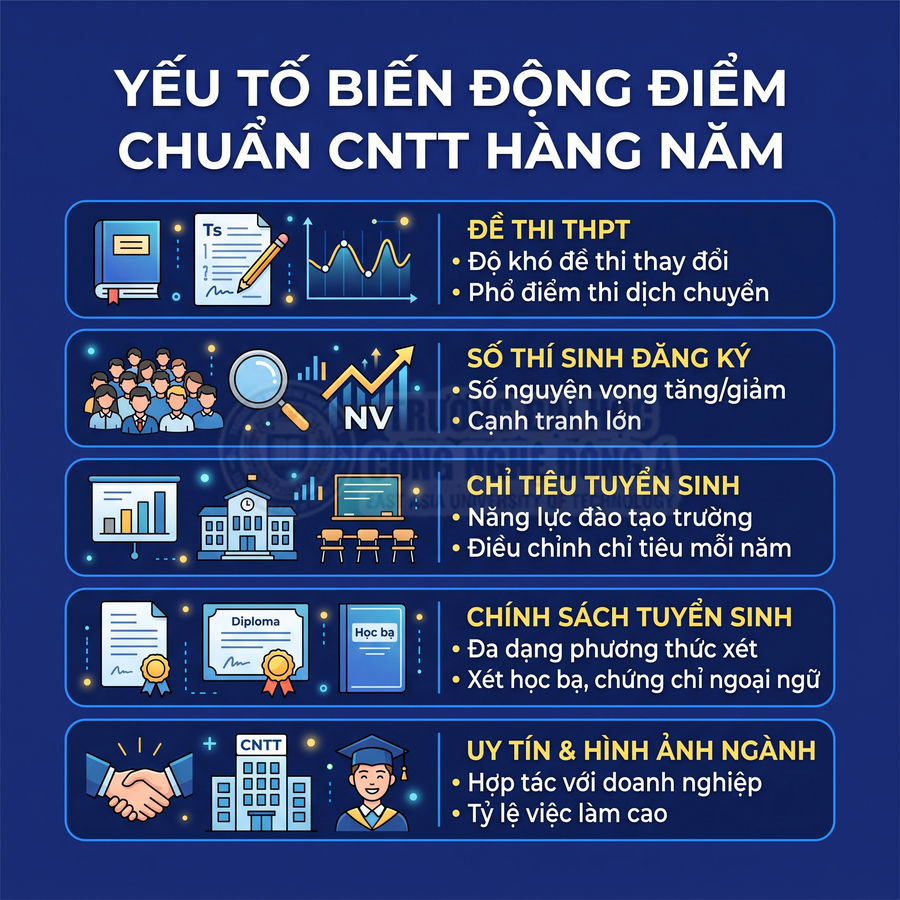 Infographic các yếu tố làm biến động điểm chuẩn ngành CNTT như đề thi THPT, số thí sinh, chỉ tiêu và uy tín ngành