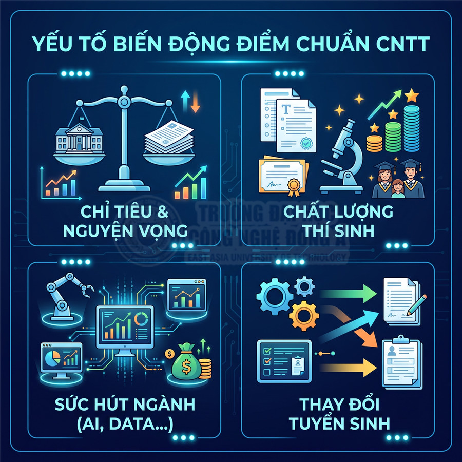 Infographic các yếu tố làm biến động điểm chuẩn ngành CNTT: chỉ tiêu, chất lượng thí sinh, sức hút ngành, thay đổi tuyển sinh