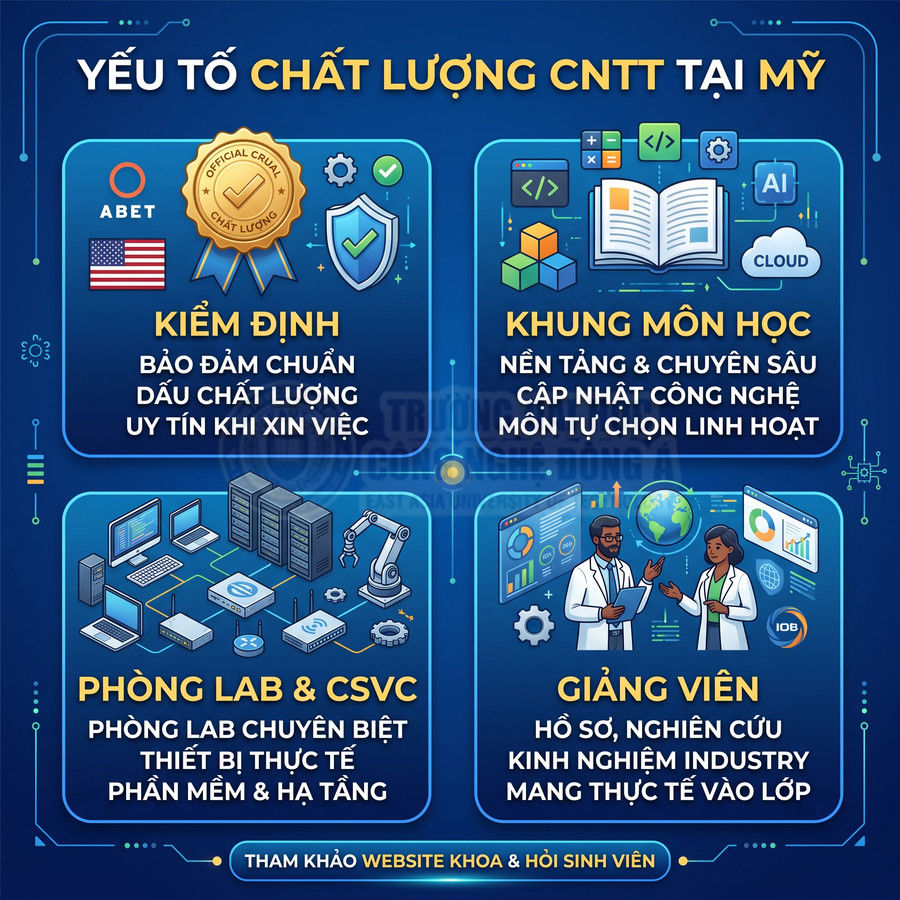 Infographic các yếu tố chất lượng ngành công nghệ thông tin tại Mỹ về kiểm định, khung môn học, phòng lab và giảng viên