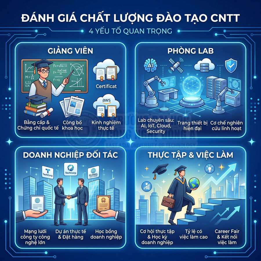 Infographic đánh giá chất lượng đào tạo CNTT với 4 yếu tố giảng viên, phòng lab, doanh nghiệp đối tác, thực tập và việc làm