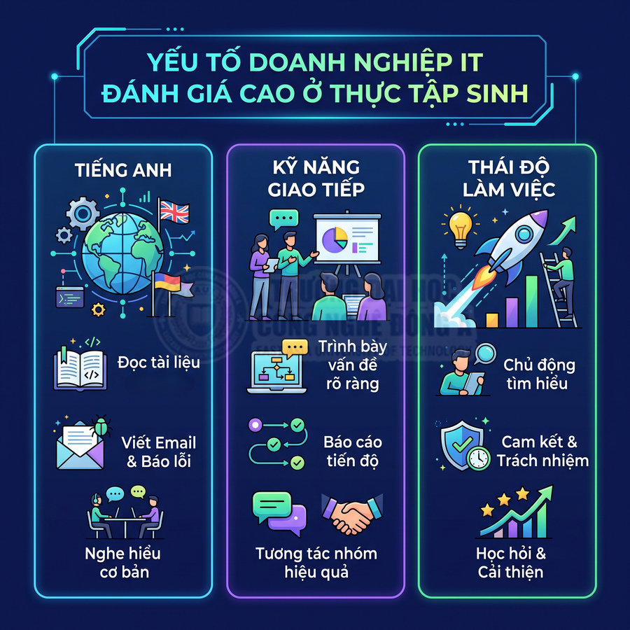 Infographic yếu tố doanh nghiệp IT đánh giá cao ở thực tập sinh về tiếng Anh, kỹ năng giao tiếp và thái độ làm việc