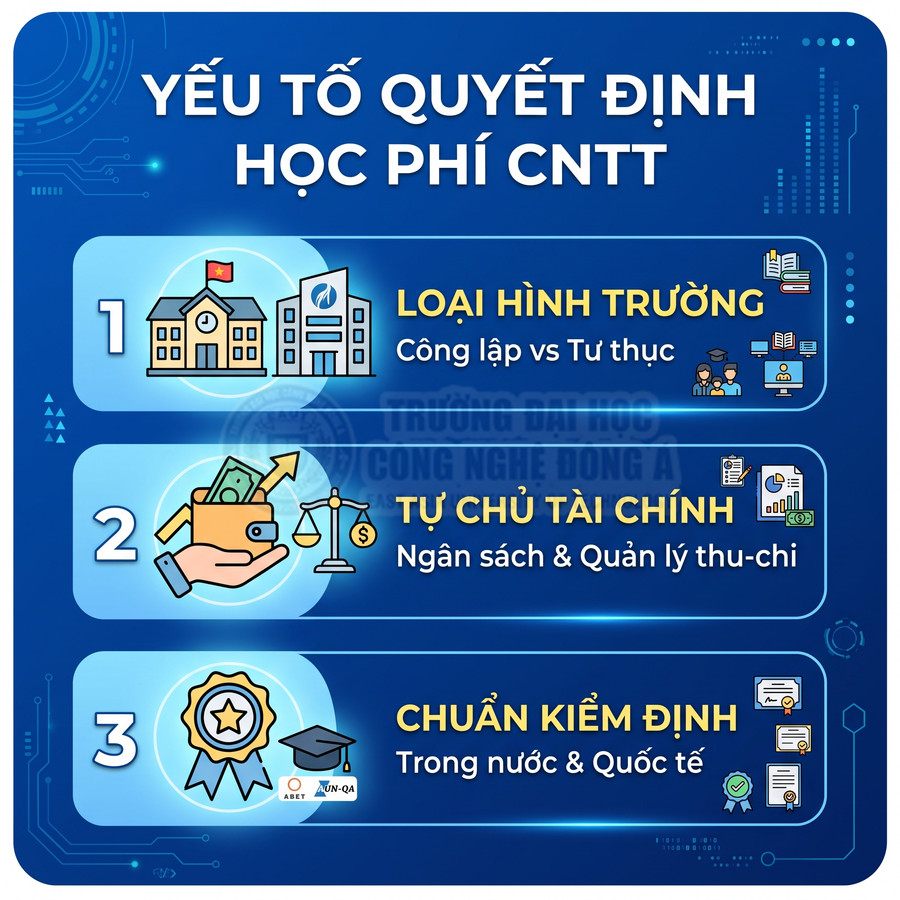 Infographic các yếu tố quyết định học phí ngành CNTT: loại hình trường, tự chủ tài chính, chuẩn kiểm định