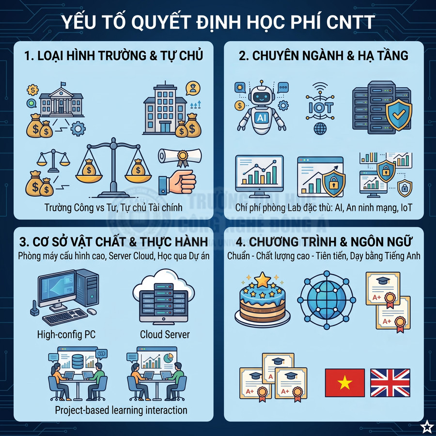 Infographic các yếu tố quyết định học phí ngành công nghệ thông tin: loại trường, chuyên ngành, cơ sở vật chất, chương trình học