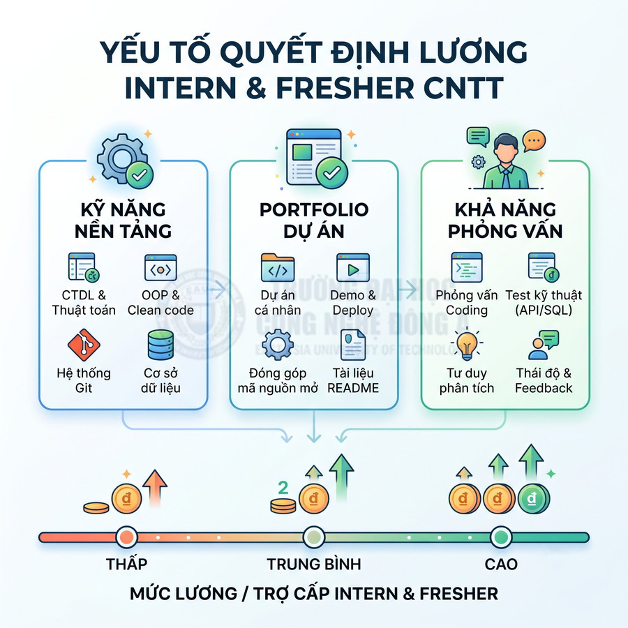 Infographic các yếu tố kỹ năng, portfolio, phỏng vấn quyết định mức lương intern fresher ngành CNTT