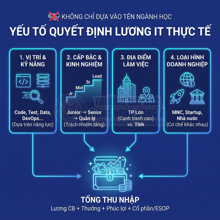 Các yếu tố quyết định lương IT gồm vị trí và kỹ năng, cấp bậc, địa điểm làm việc, loại hình doanh nghiệp và tổng thu nhập