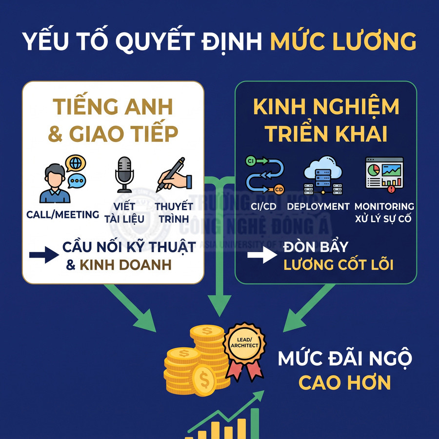 Infographic các yếu tố quyết định mức lương IT gồm tiếng Anh giao tiếp và kinh nghiệm triển khai dự án