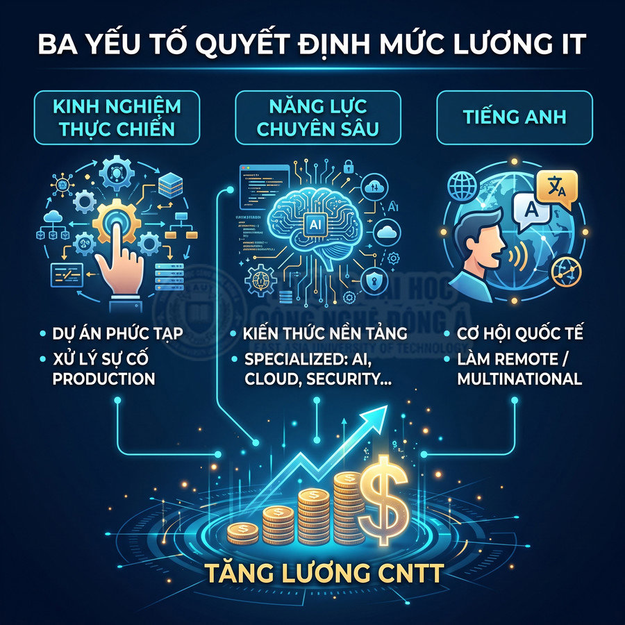 Ba yếu tố quyết định mức lương IT gồm kinh nghiệm thực chiến, năng lực chuyên sâu và tiếng Anh, giúp tăng lương CNTT