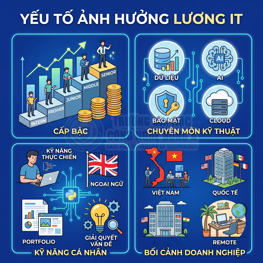 Các yếu tố ảnh hưởng lương IT gồm cấp bậc, chuyên môn kỹ thuật, kỹ năng cá nhân và bối cảnh doanh nghiệp