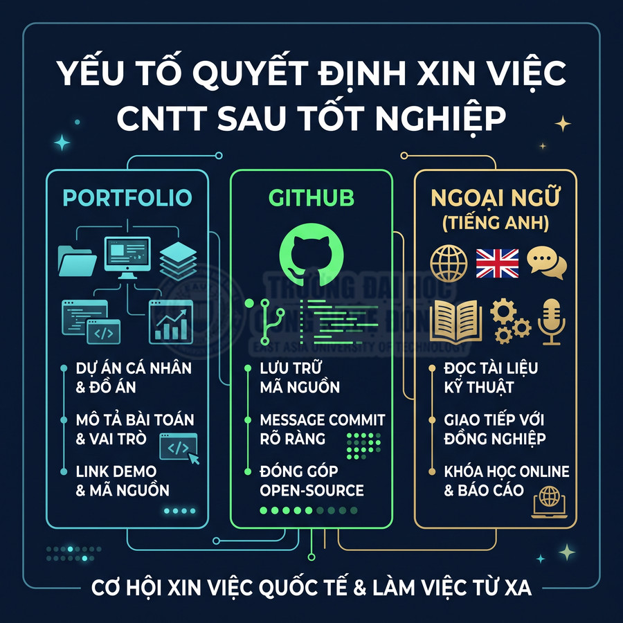 Infographic các yếu tố quan trọng để xin việc ngành CNTT sau tốt nghiệp: portfolio, GitHub và ngoại ngữ tiếng Anh