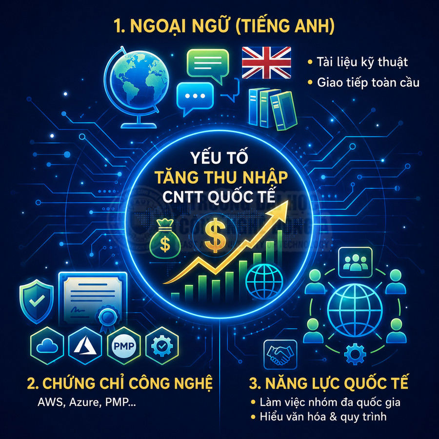 Yếu tố tăng thu nhập ngành CNTT quốc tế gồm tiếng Anh, chứng chỉ công nghệ và năng lực làm việc quốc tế
