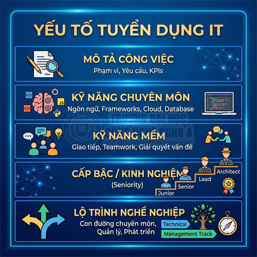 Infographic các yếu tố tuyển dụng IT gồm mô tả công việc, kỹ năng chuyên môn, kỹ năng mềm, cấp bậc và lộ trình nghề nghiệp