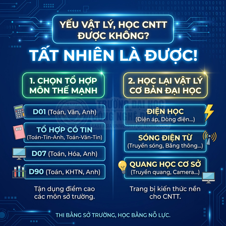 Poster tư vấn học CNTT cho học sinh yếu Vật lý, gợi ý chọn tổ hợp môn và học lại Vật lý cơ bản đại học